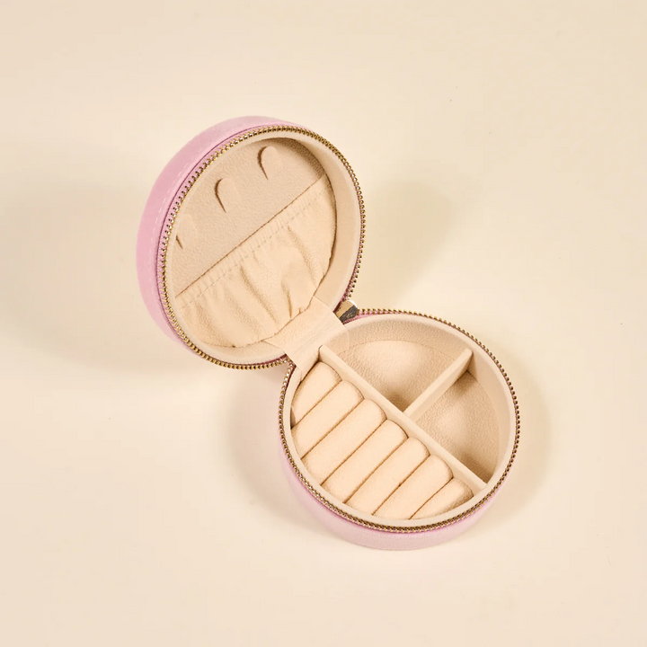 Round Velvet Jewelry Case - Bow Pink