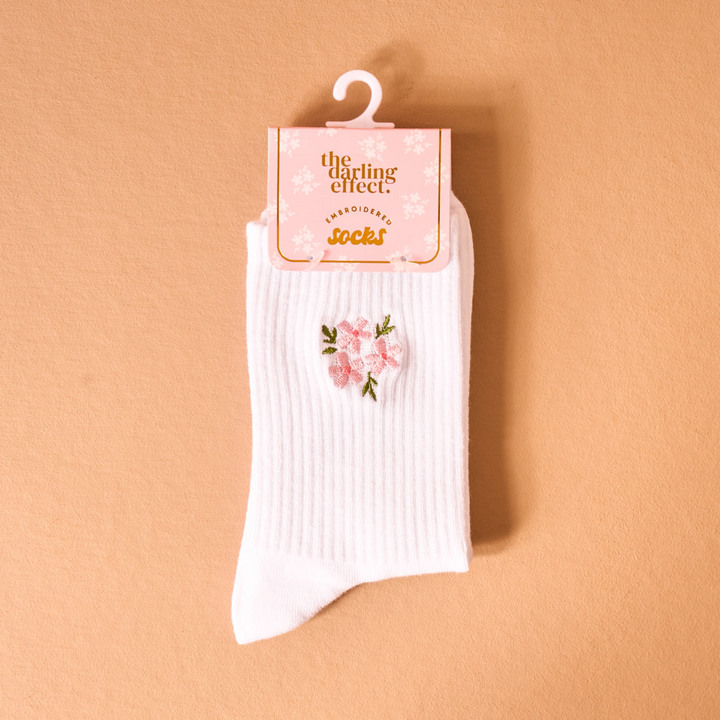 Embroidered Crew Socks - Floral Pink