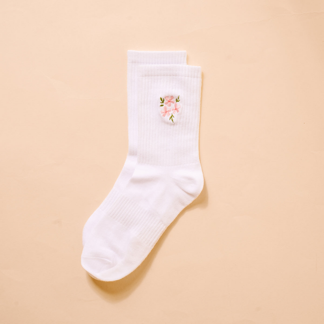 Embroidered Crew Socks - Floral Pink
