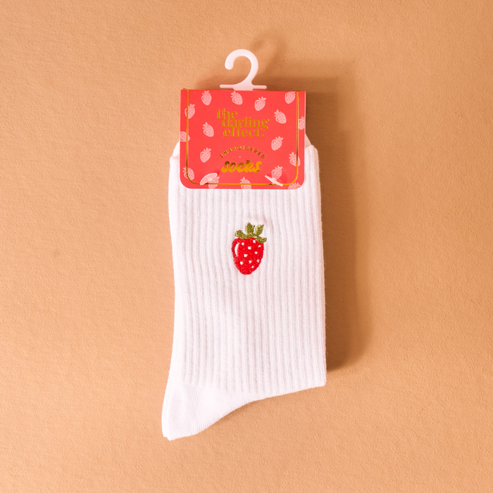 Embroidered Crew Socks - Strawberry