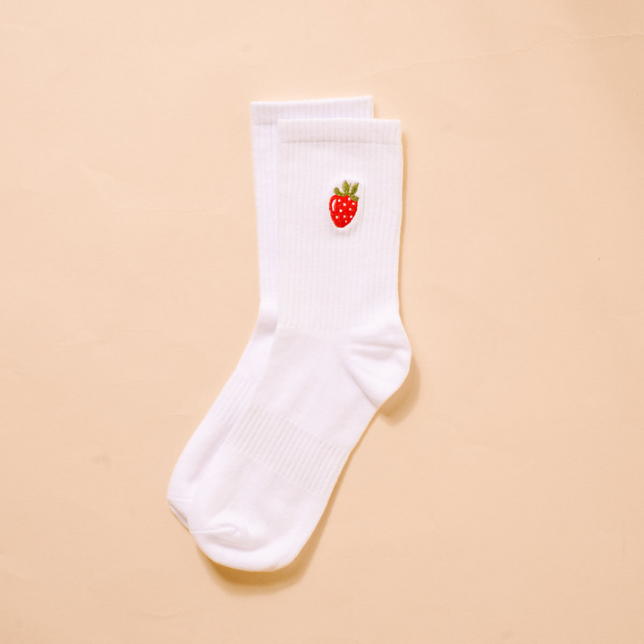 Embroidered Crew Socks - Strawberry