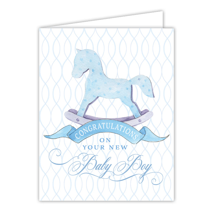 Greeting Card - Congratulations On Your New Baby Boy Blue Rocking Horse