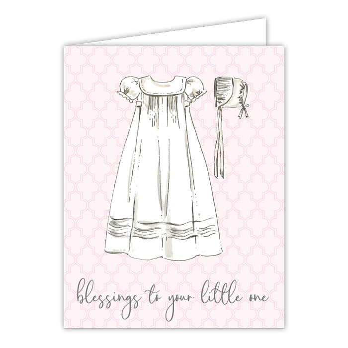 Greeting Card - Blessings To Your Little One Handpainted Christening Gown Pink