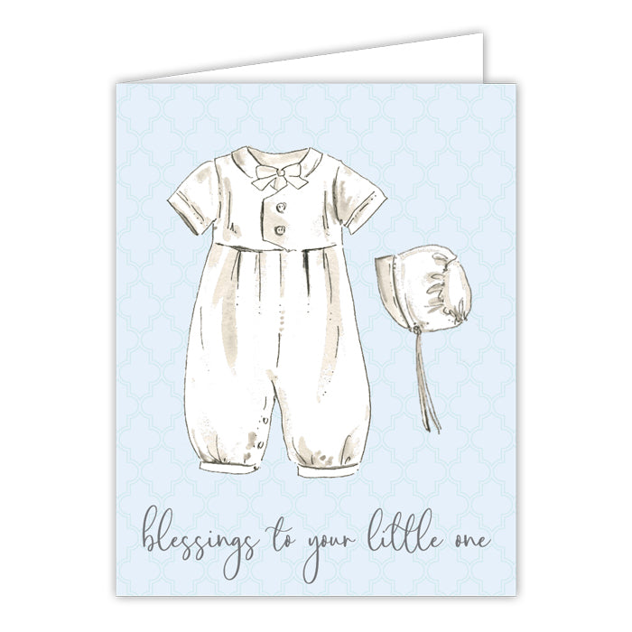 Greeting Card - Blessings To Your Little One Handpainted Christening Outfit Blue