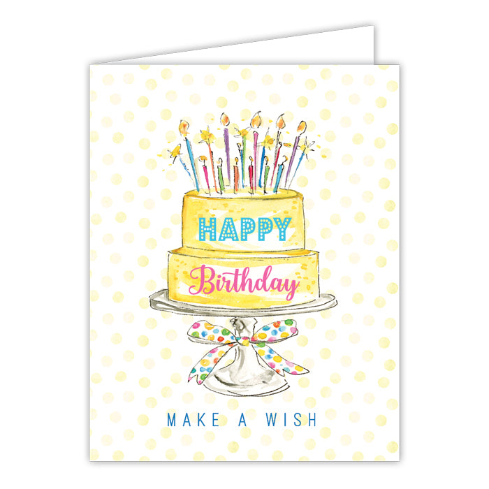 Greeting Card - Happy Birthday Make A Wish Handpainted Yellow Cake with Candles