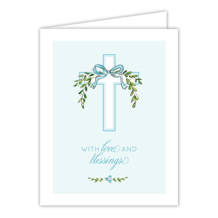 Greeting Card - With Love And Your Blessings Handpainted Blue Cross with Bow and Greenery