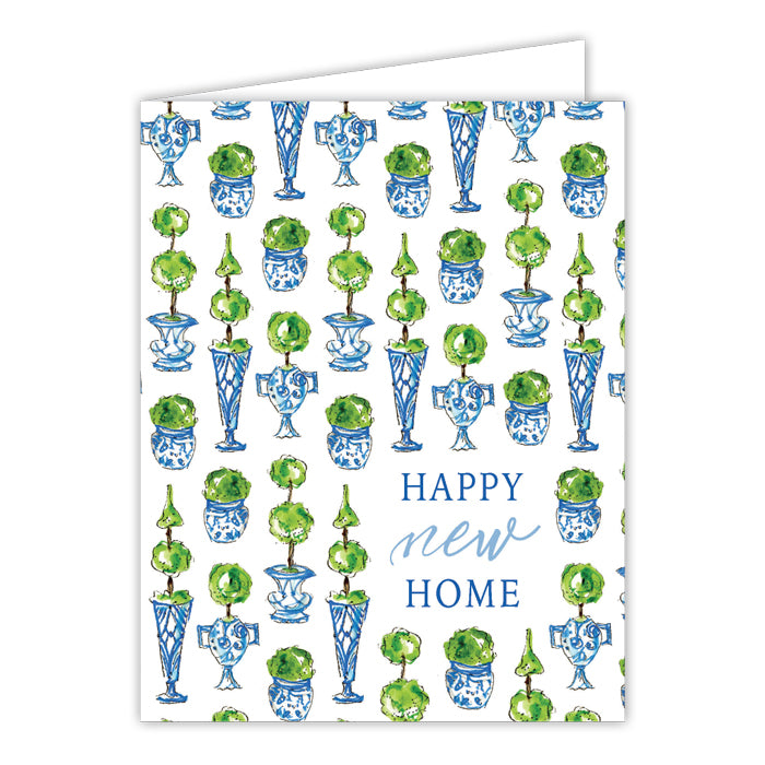 Greeting Card - Happy New Home Handpainted Topiaries in Blue Pots