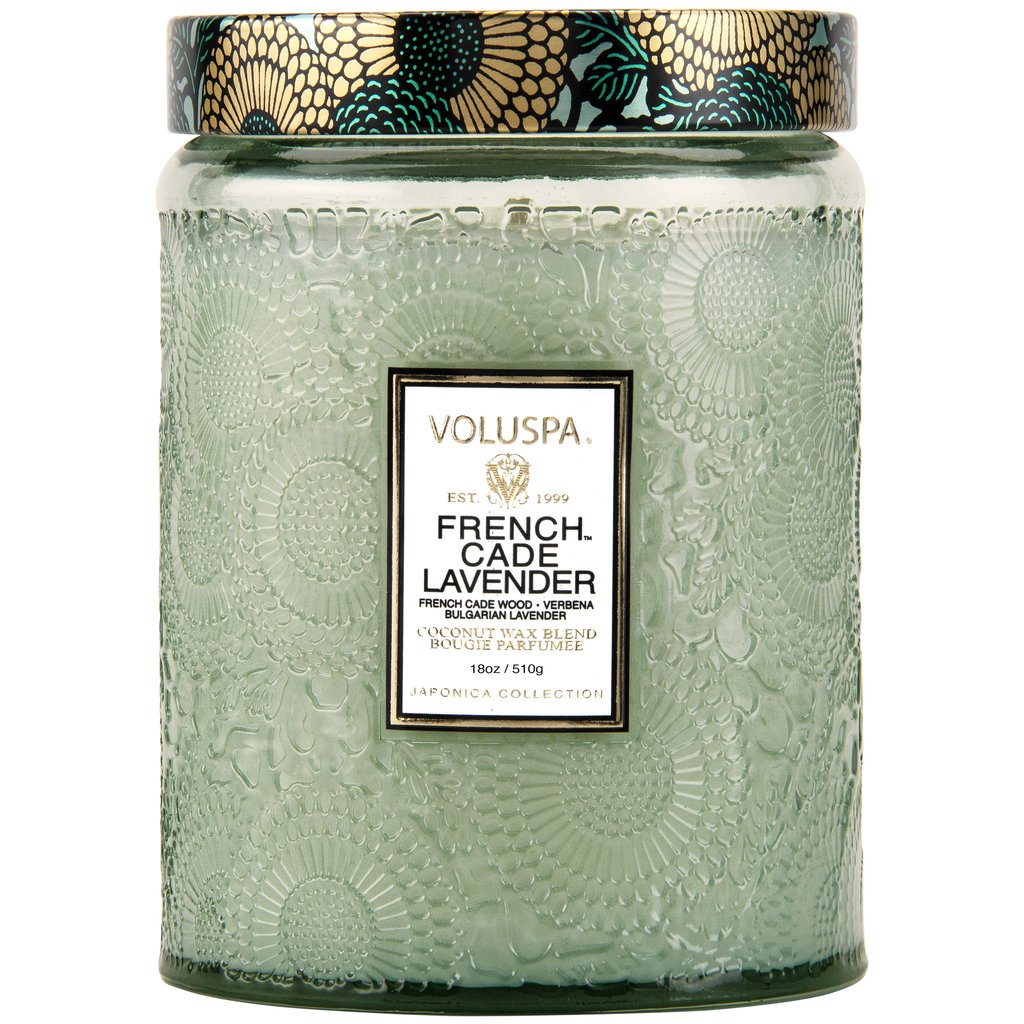 French Cade Lavender - Large Embossed Glass Candle With Lid