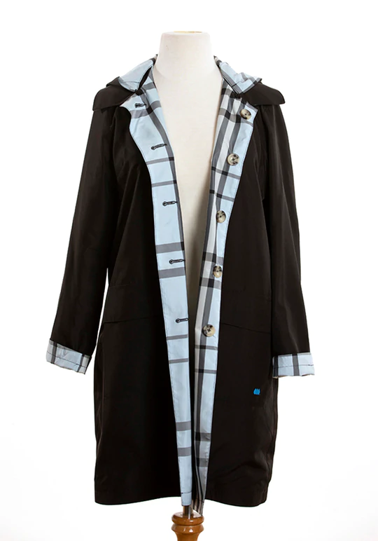 Black & Light Blue Plaid RAINTRENCH (with detachable hood)