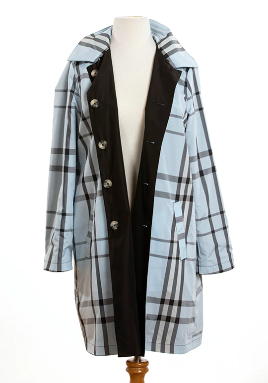 Black & Light Blue Plaid RAINTRENCH (with detachable hood)